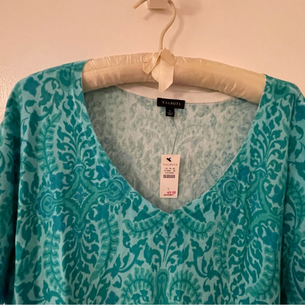 NEW! Talbots Teal Patterned Women's Large Top - Picture 2 of 5